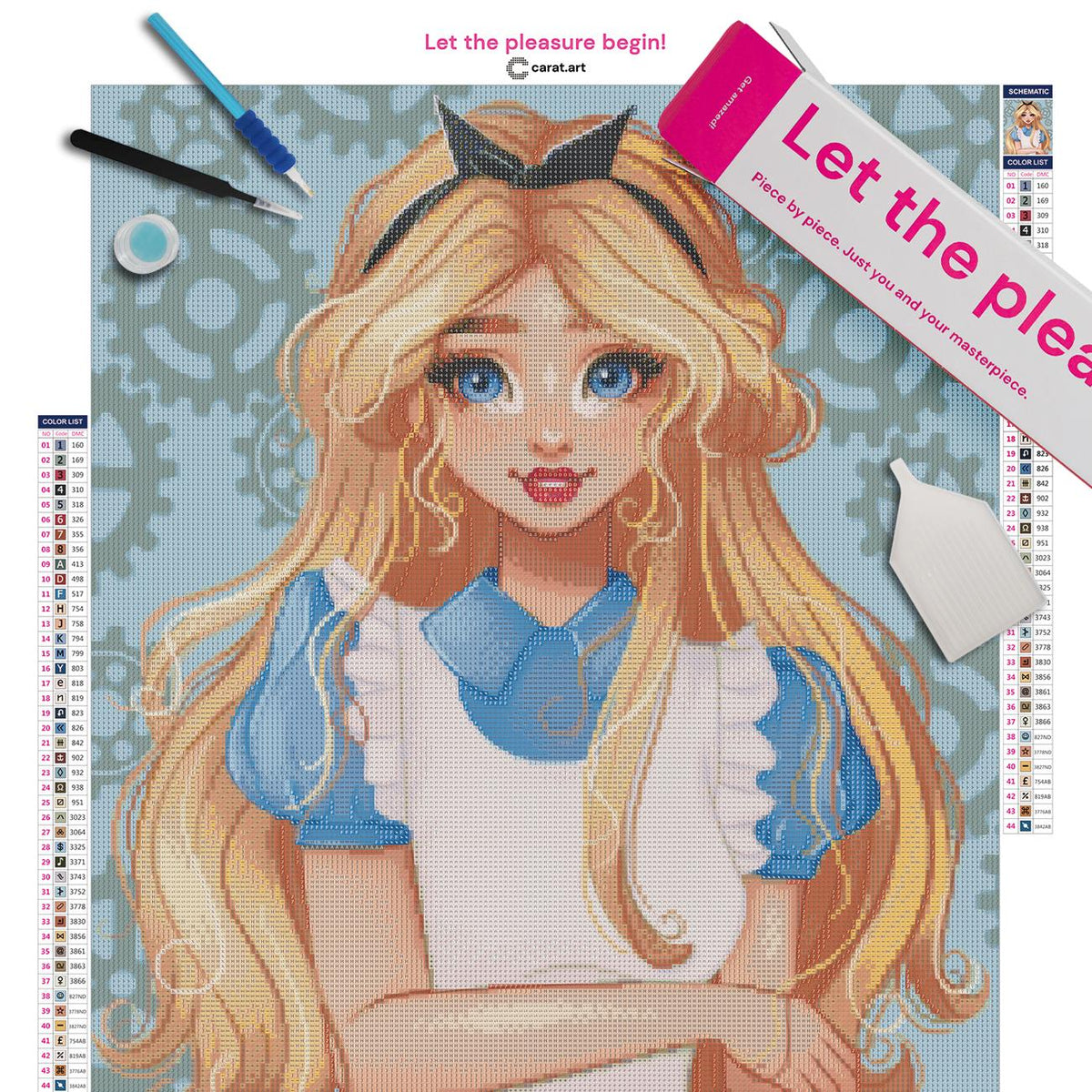 Diamond Painting Set mit Alice, goldenen Locken und zahlreichen Zahnrädern als außergewöhnliches Fantasiemotiv inklusive Leinwand, ciratart.com Karton und hochwertigem Zubehör