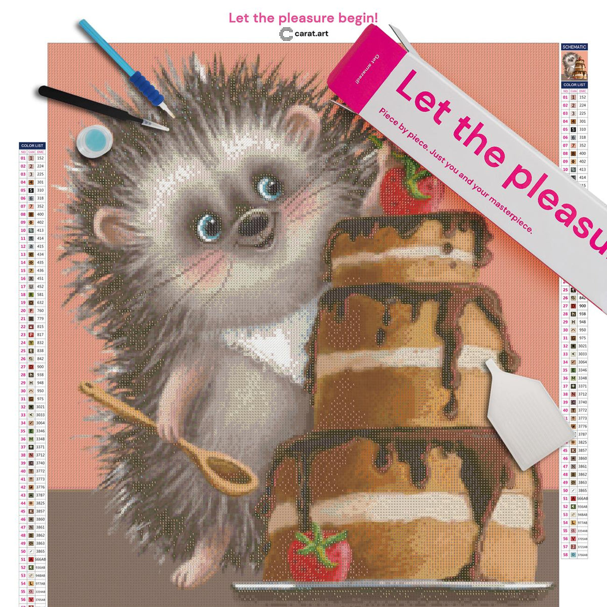 Diamond Painting Set mit Igel und Tortenmotiv inklusive Leinwand, ciratart.com Karton und hochwertigem Zubehör