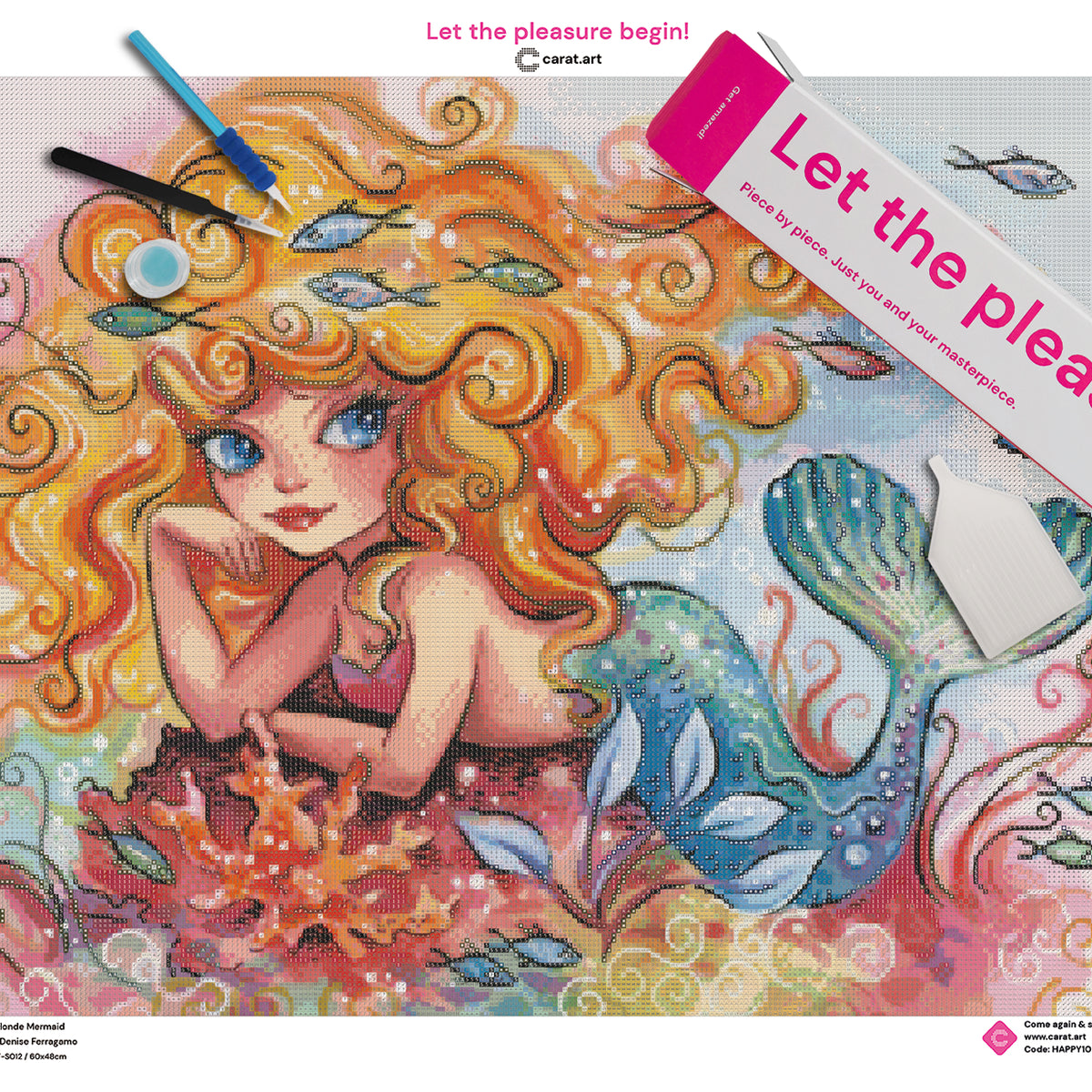 Premium Diamond Painting Set mit blonder Meerjungfrau, goldenem Lockenhaar, schimmerndem Fischschwanz und farbenfroher Unterwasserwelt auf Leinwand, mit Diamond Painting Zubehör und ciratart.com Karton