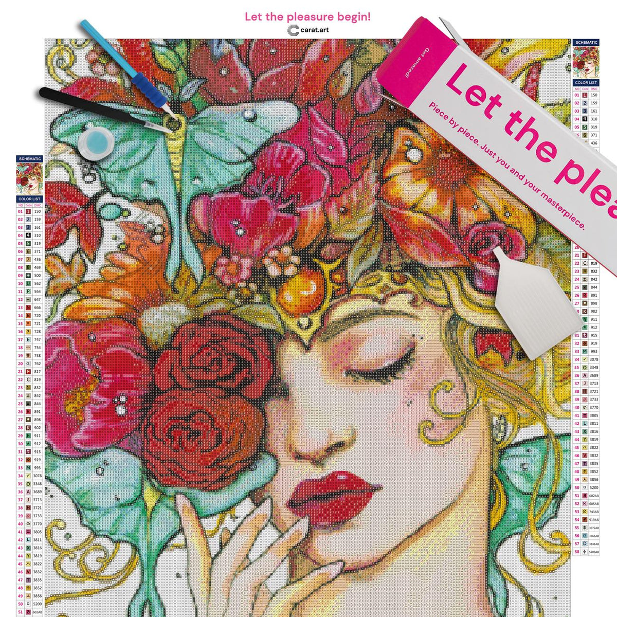 Diamond Painting Set mit Blumenkrone und verträumtem Mädchenportrait inklusive Leinwand, ciratart.com Karton und hochwertigem Zubehör