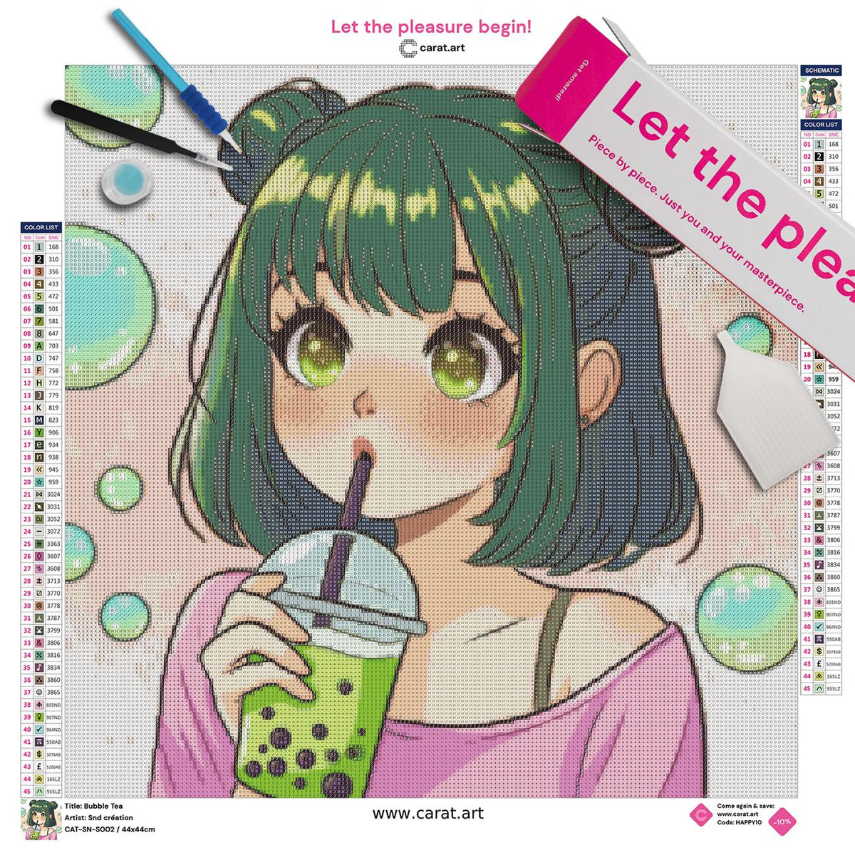 Diamond Painting Set mit Bubble Tea Motiv und bunten Seifenblasen inklusive Leinwand, ciratart.com Karton und Zubehör