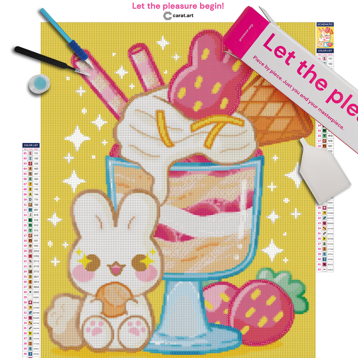 Diamond Painting Set mit kleinem Häschen, Keks und dekoriertem Erdbeereisbecher im Glas mit Sahne, Erdbeeren und Waffeln inklusive Leinwand, ciratart.com Karton und hochwertigem Zubehör