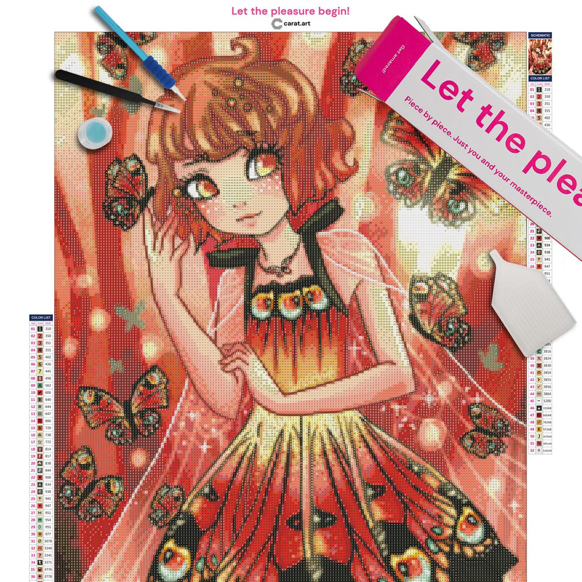 Diamond Painting Set mit Mädchen im Schmetterlingskleid und transparentem Umhang vor einem roten Waldhintergrund inklusive Leinwand, ciratart.com Karton und hochwertigem Zubehör