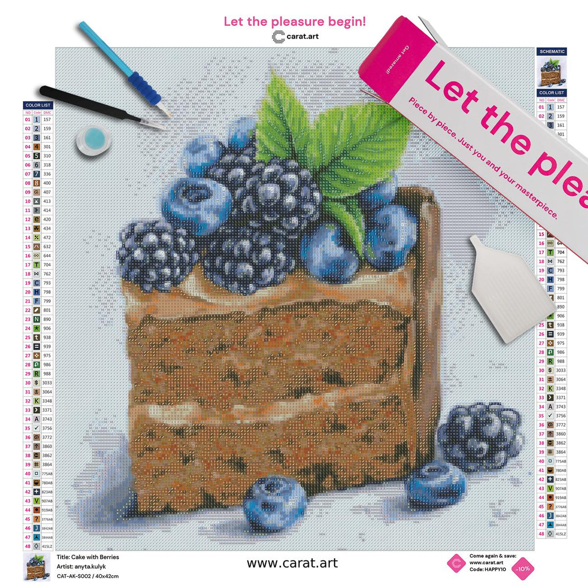 Diamond Painting Set mit Schokotorte, Brombeeren, Blaubeeren und Minzblatt inklusive Leinwand, ciratart.com Karton und hochwertigem Zubehör
