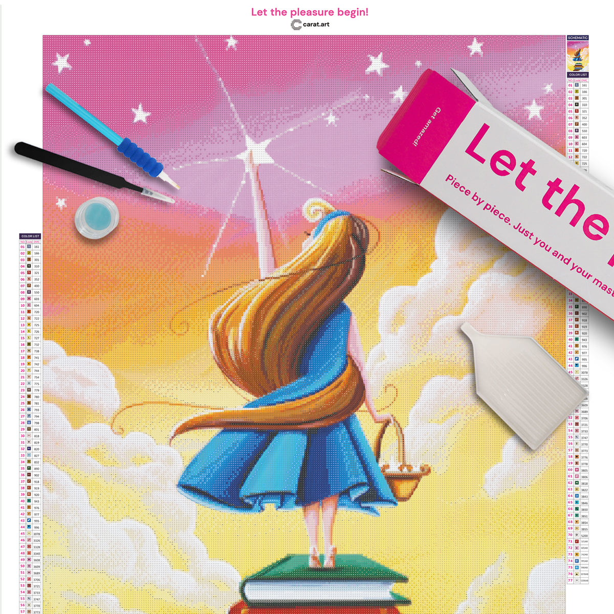 Diamond Painting Set mit Mädchen im blauen Kleid, Bücherstapel und Stern inklusive Leinwand, ciratart.com Karton und hochwertigem Zubehör