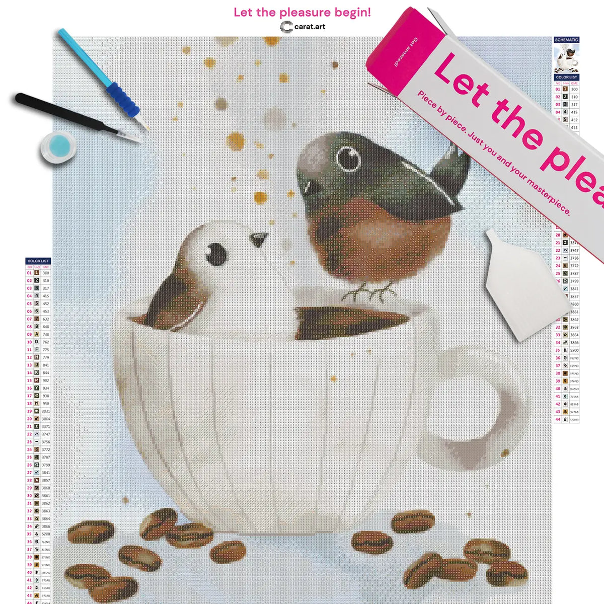 Diamond Painting Set mit Kaffee Motiv und niedlichen Vögeln auf Leinwand, mit ciratart.com Karton und hochwertigem Zubehör