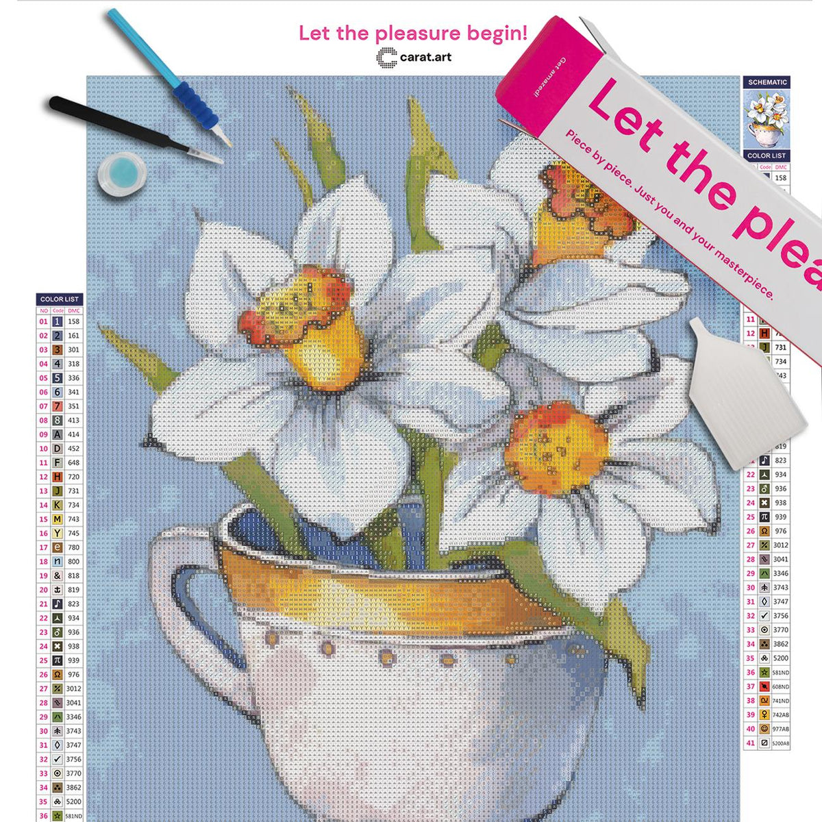 Diamond Painting Set mit weiß-gelben Narzissen in einer dekorativen Tasse inklusive Leinwand, ciratart.com Karton und hochwertigem Zubehör