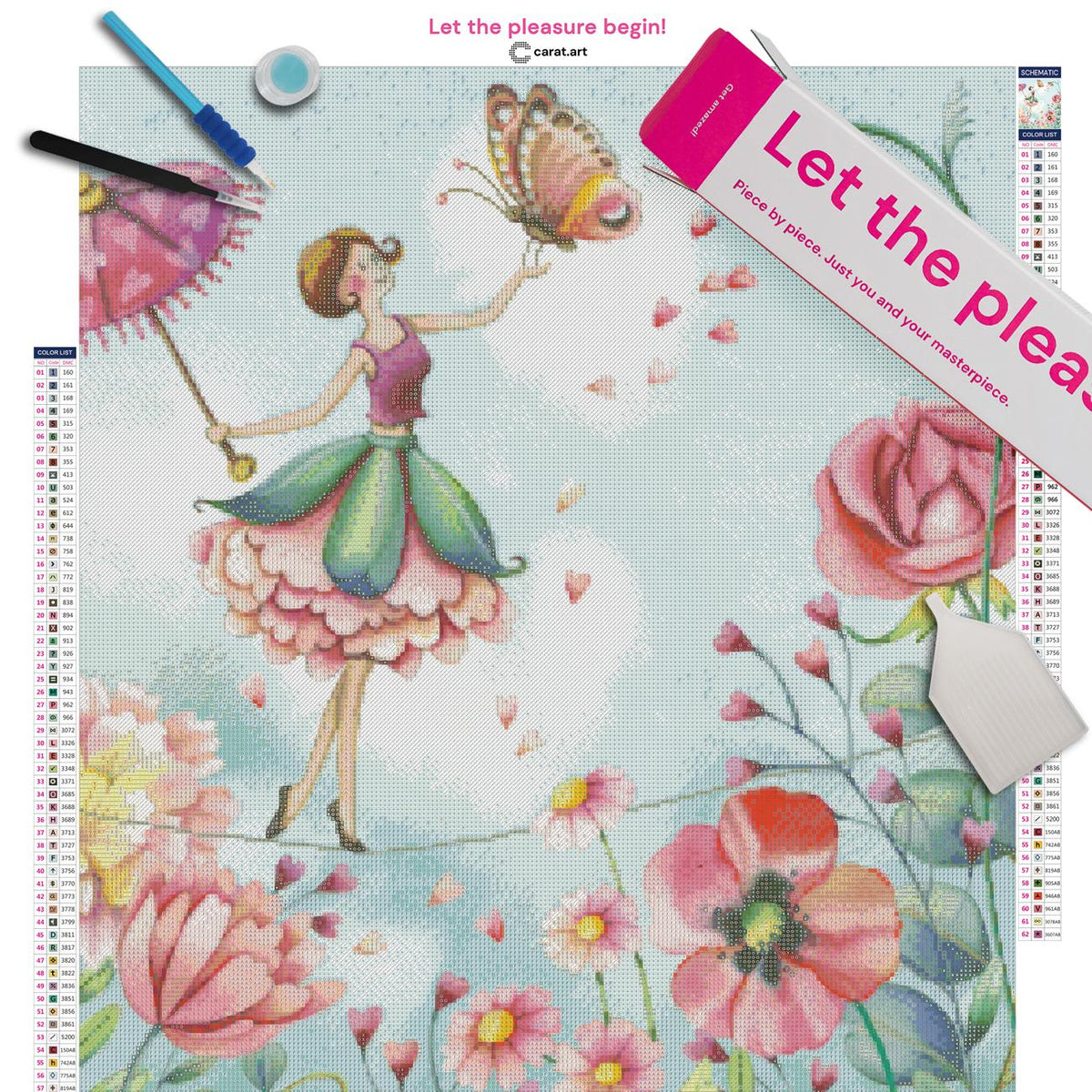 Diamond Painting Set mit Blumenballerina und Schmetterling inklusive Leinwand, ciratart.com Karton und hochwertigem Zubehör