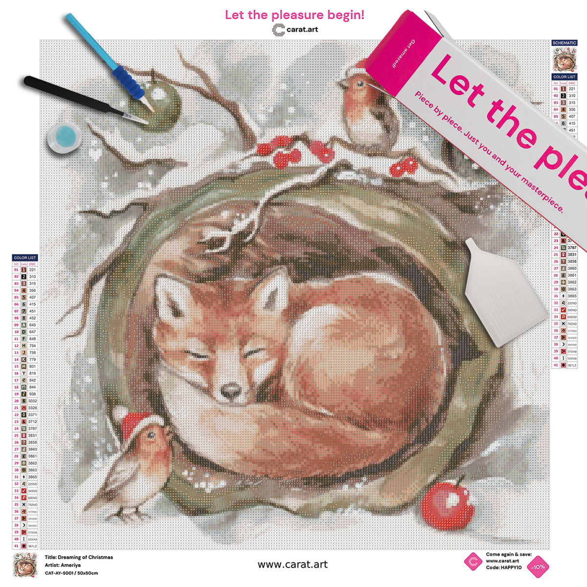 Diamond Painting Set mit träumendem Fuchs, Rotkehlchen mit Weihnachtsmützen sowie winterlich mit Kugeln und Beeren geschmückten Zweigen inklusive Leinwand, ciratart.com Karton und hochwertigem Zubehör