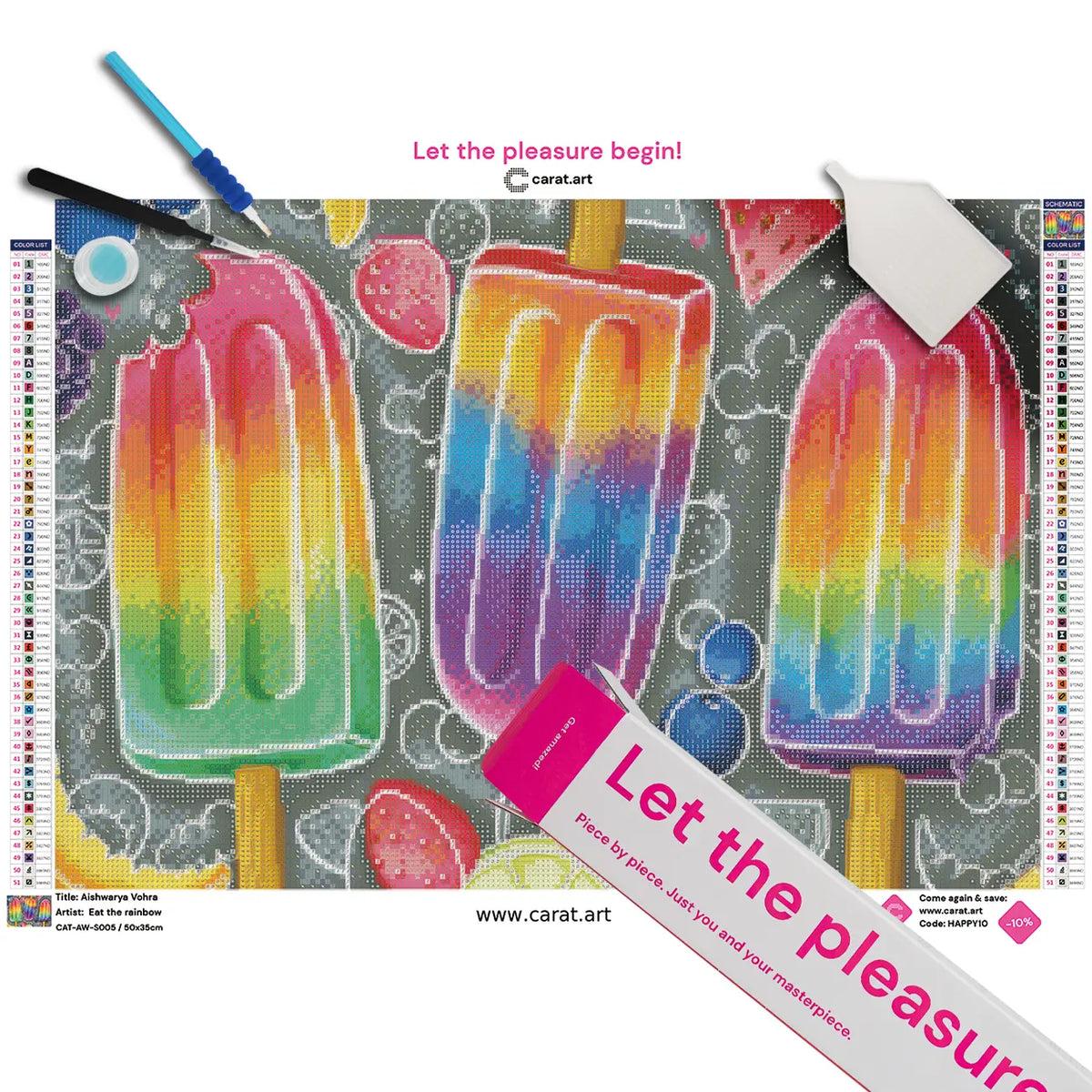 Diamond Painting Set mit buntem Eis am Stiel auf Leinwand, mit ciratart.com Karton und hochwertigem Zubehör
