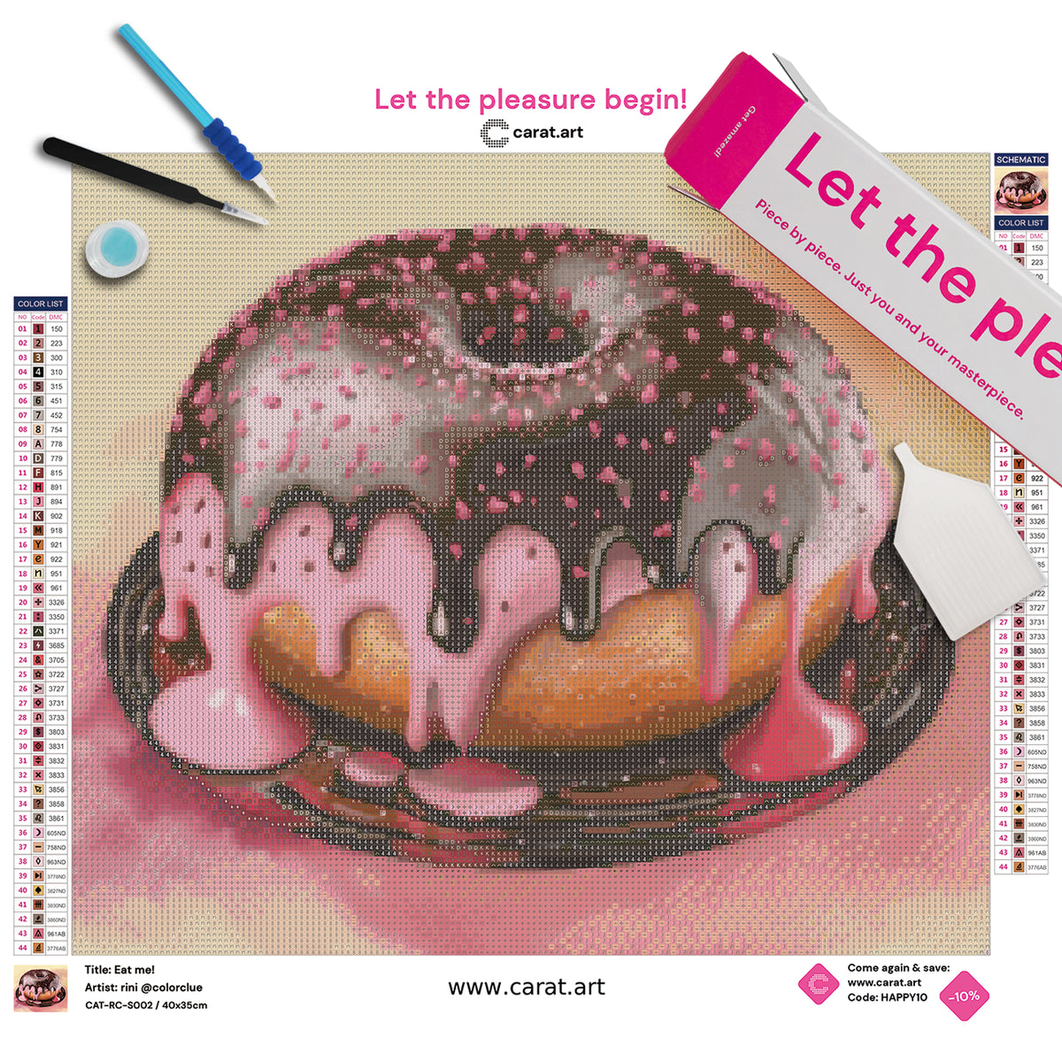 Diamond Painting Set mit prachtvollem Donut auf einem dunklen Teller, rosafarbener Erdbeerglasur und darüber glänzender Schokoladenglasur, die am Donut herabtropfen, inklusive Leinwand, ciratart.com Karton und hochwertigem Zubehör