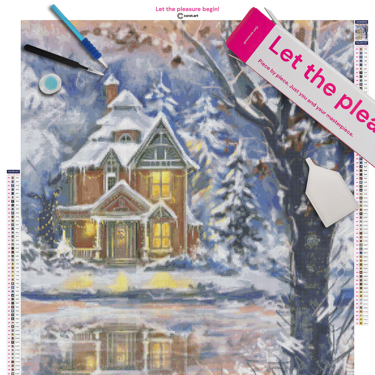 Diamond Painting Set mit festlich beleuchtetem Haus, verschneiter Landschaft und gefrorenem See inklusive Leinwand, ciratart.com Karton und hochwertigem Zubehör