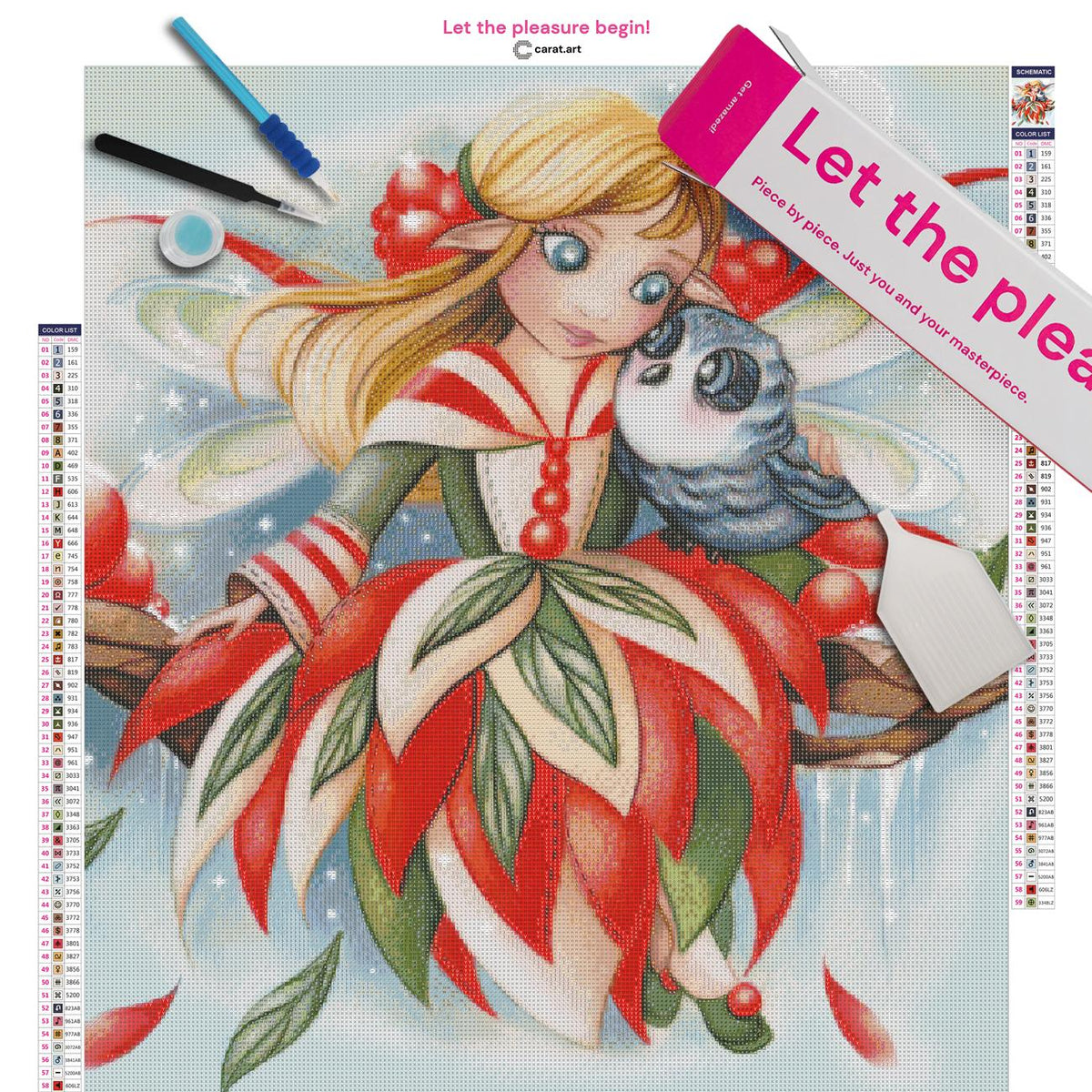 Diamond Painting Set mit Winterfee, Eule und Schneeflocken inklusive Leinwand, ciratart.com Karton und hochwertigem Zubehör