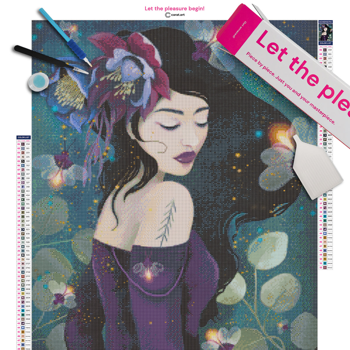 Diamond Painting Set mit Mädchen, großen Blüten, dunkelviolettem Kleid und zahlreichen Glühwürmchen inklusive Leinwand, ciratart.com Karton und hochwertigem Zubehör