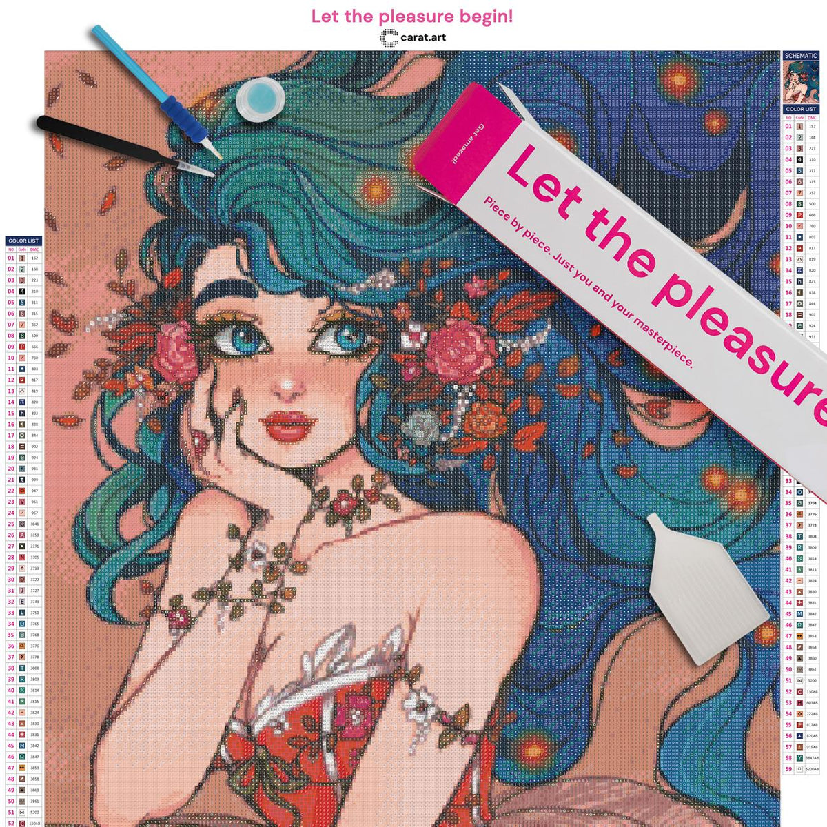 Diamond Painting Set mit Flora Mädchenportrait und Blumenmotiv inklusive Leinwand, ciratart.com Karton und Zubehör
