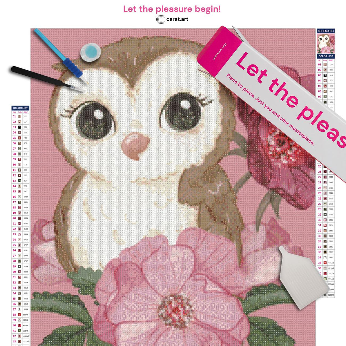 Diamond Painting Set mit Eule und Rosenmotiv in Rosa inklusive Leinwand, ciratart.com Karton und hochwertigem Zubehör