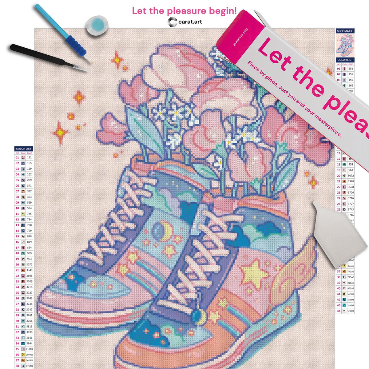 Diamond Painting Set von Hiroko mit sommerlichem Blumen Sneaker Motiv inklusive Leinwand, ciratart.com Karton und hochwertigem Zubehör