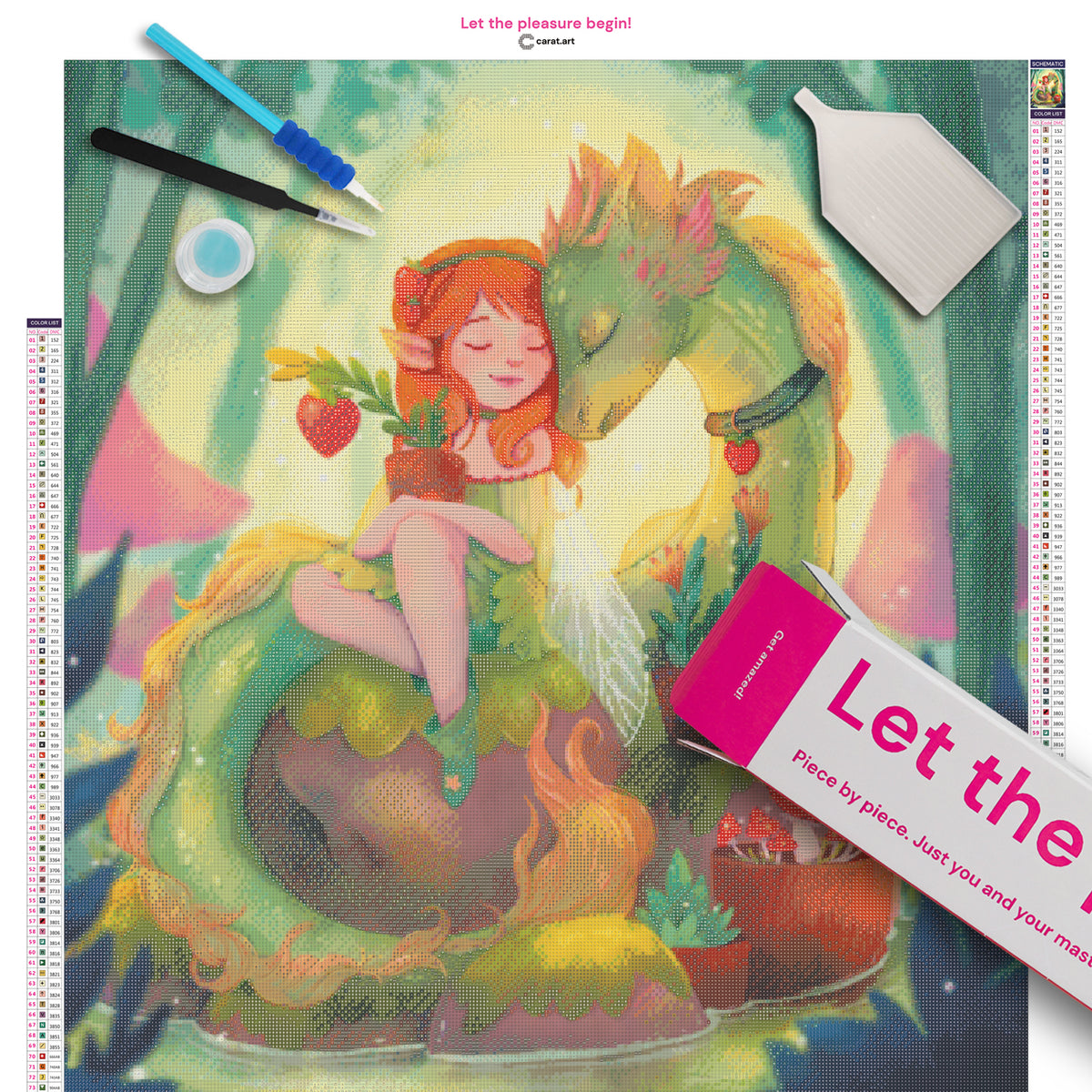 Diamond Painting Set mit kleiner Elfe, großem grünen Drachen und Erdbeerpflanze vor einer geheimnisvollen Waldkulisse mit Pilzen inklusive Leinwand, ciratart.com Karton und hochwertigem Zubehör