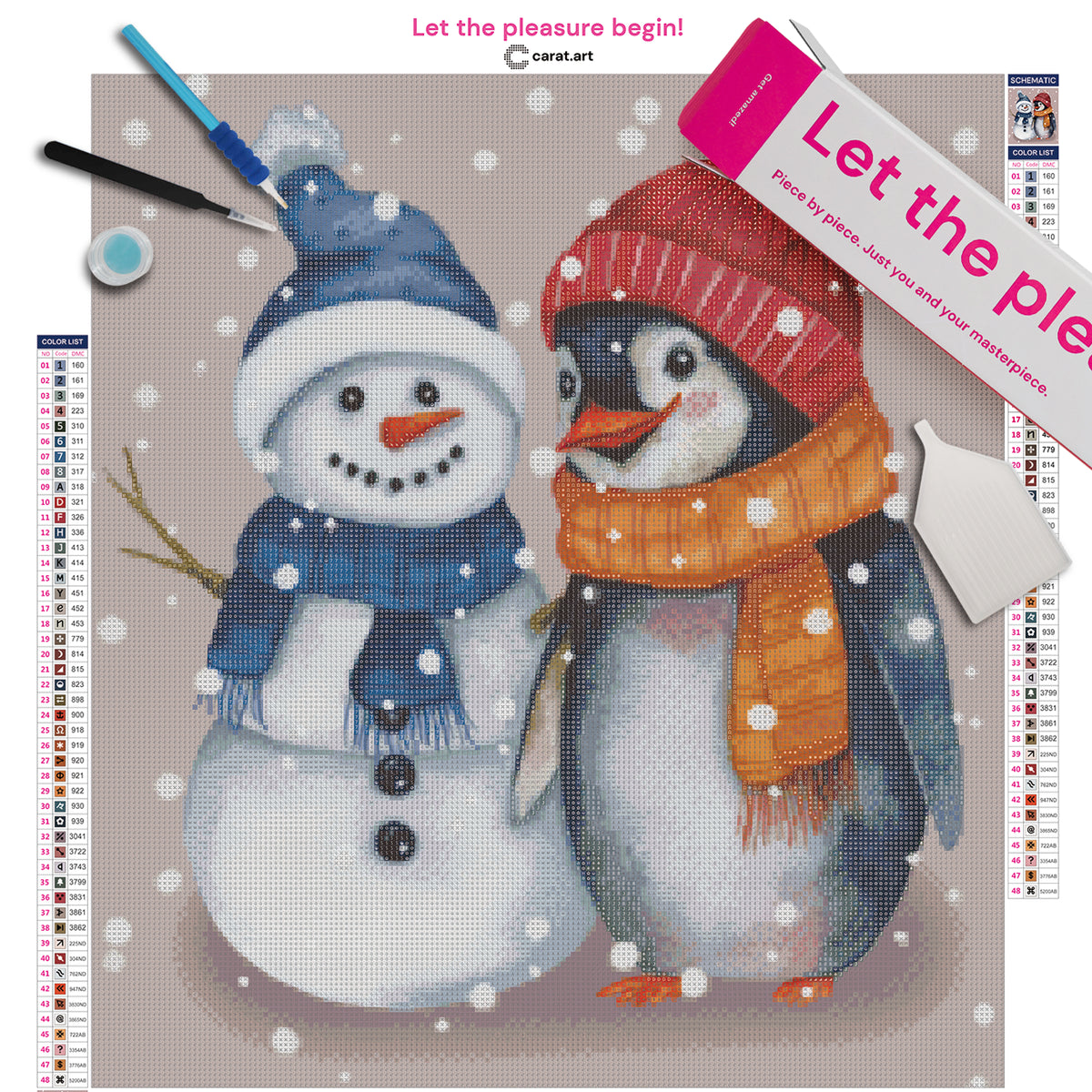 Diamond Painting Set mit kleinem Pinguin und kleinem Schneemann, beide mit Schal und Mütze, umgeben von tanzenden Schneeflocken inklusive Leinwand, ciratart.com Karton und hochwertigem Zubehör