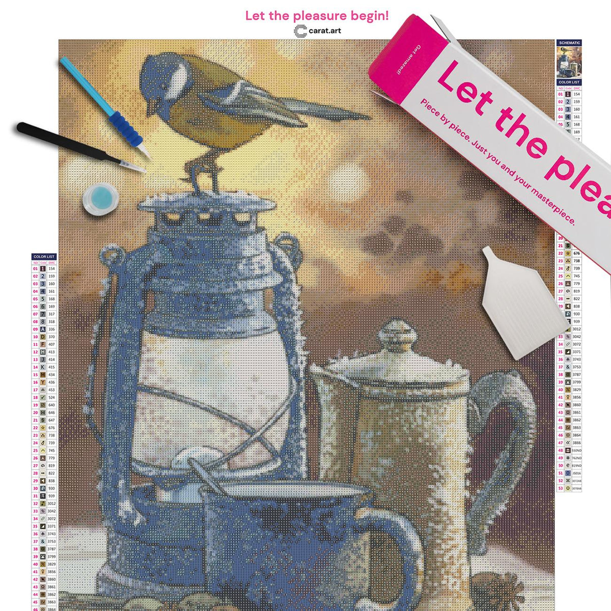 Stillleben mit Vogel, Tasse, Kanne und Laterne inklusive Leinwand, ciratart.com Karton und hochwertigem Zubehör