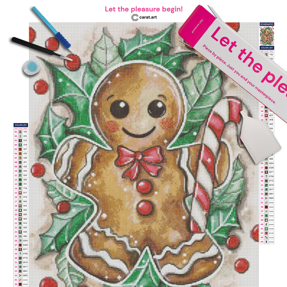 Diamond Painting Set mit Lebkuchenmann, weißer Verzierung, roter Schleife und roten Knöpfen, grünen Blättern, roten Beeren und einer Zuckerstange inklusive Leinwand, ciratart.com Karton und hochwertigem Zubehör