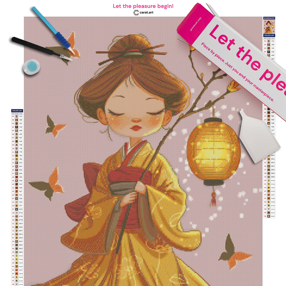 Diamond Painting Set mit asiatischem Mädchen, leuchtender Laterne und Schmetterlingsmotiv auf Leinwand mit ciratart.com Karton und Zubehör