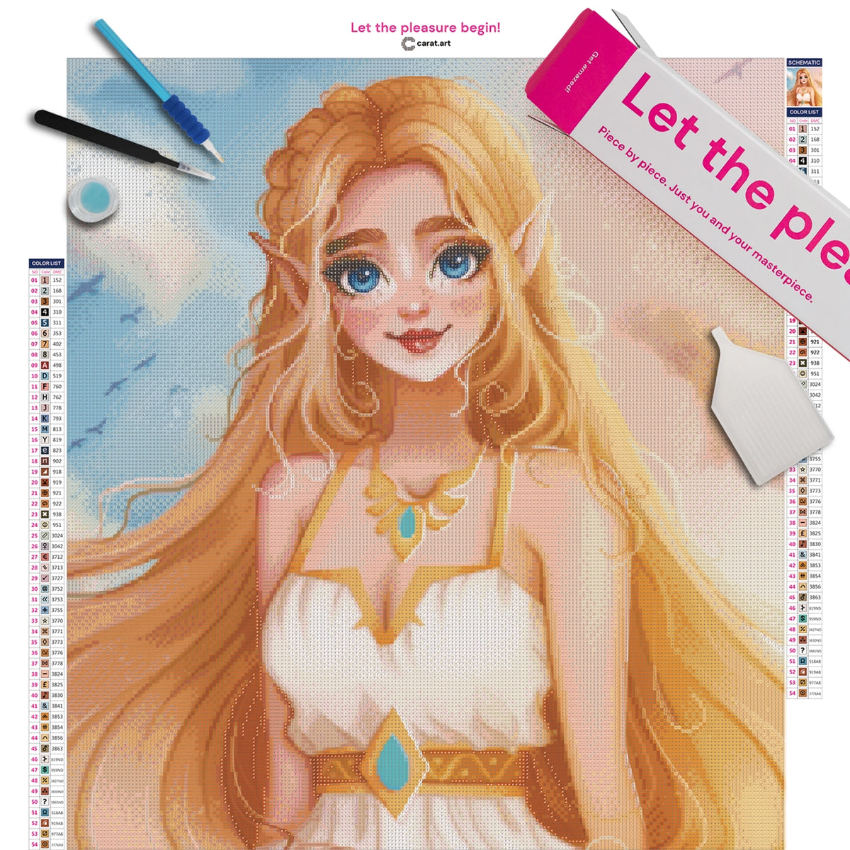 Diamond Painting Set mit Frau im weißen Kleid mit goldenen Verzierungen, goldenem Haar, Wolken und Vögeln am goldenen Himmel inklusive Leinwand, ciratart.com Karton und hochwertigem Zubehör