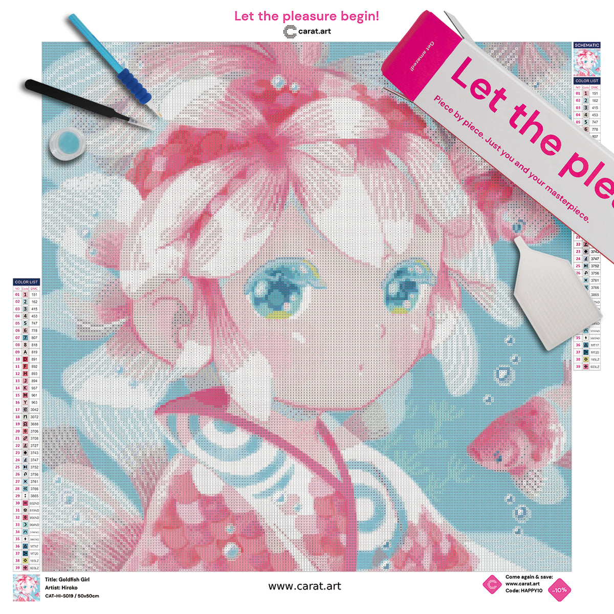 Diamond Painting Set mit märchenhaftem Mädchen im Kimono, zarten Blüten auf dem Kopf und pastellfarbenen Goldfischen in einer Unterwasserwelt inklusive Leinwand, ciratart.com Karton und Zubehör