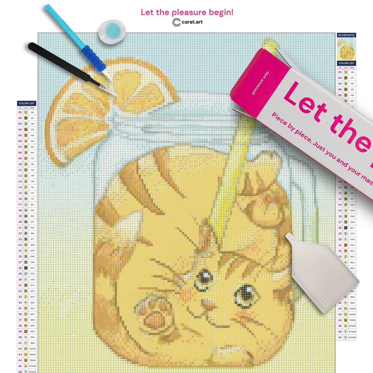 Diamond Painting Set mit Katze und Orangensaft Motiv inklusive Leinwand, ciratart.com Karton und hochwertigem Zubehör