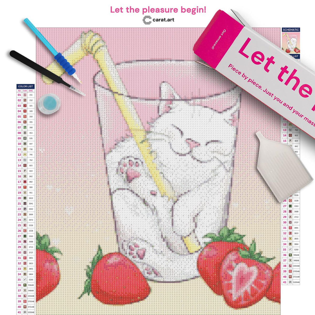 Diamond Painting Bastelset mit Kätzchen im Erdbeermilchglas und Erdbeeren inklusive Leinwand, ciratart.com Karton und hochwertigem Zubehör