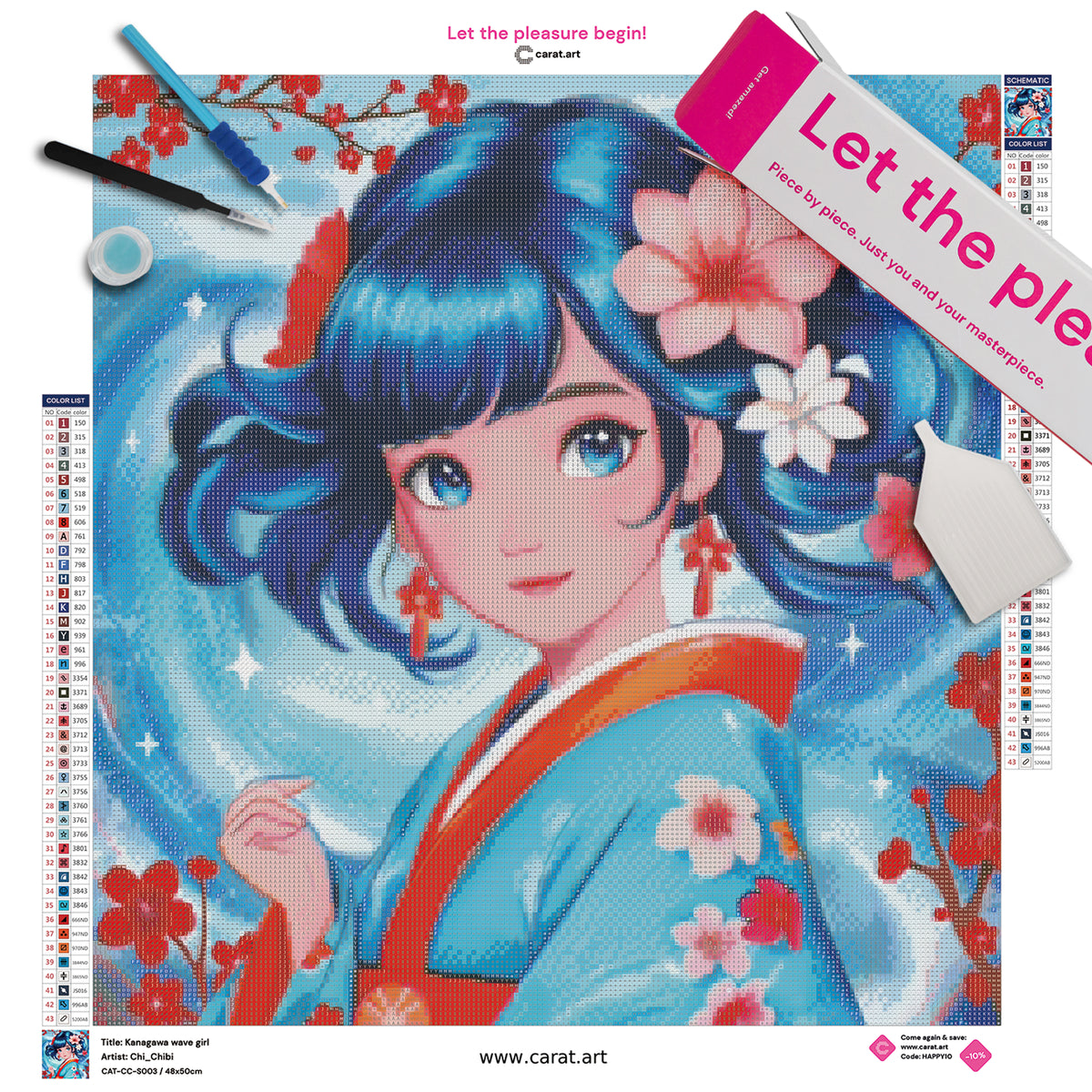 Diamond Painting Set mit Mädchen im Kimono, großer Welle und roten Blütenzweigen inklusive Leinwand, ciratart.com Karton und hochwertigem Zubehör