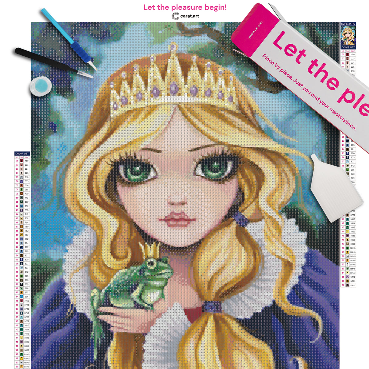 Diamond Painting Set mit kleiner blonder Prinzessin mit Diadem und blauem Umhang, die den Froschkönig auf ihrer Hand hält, inklusive Leinwand, ciratart.com Karton und hochwertigem Zubehör