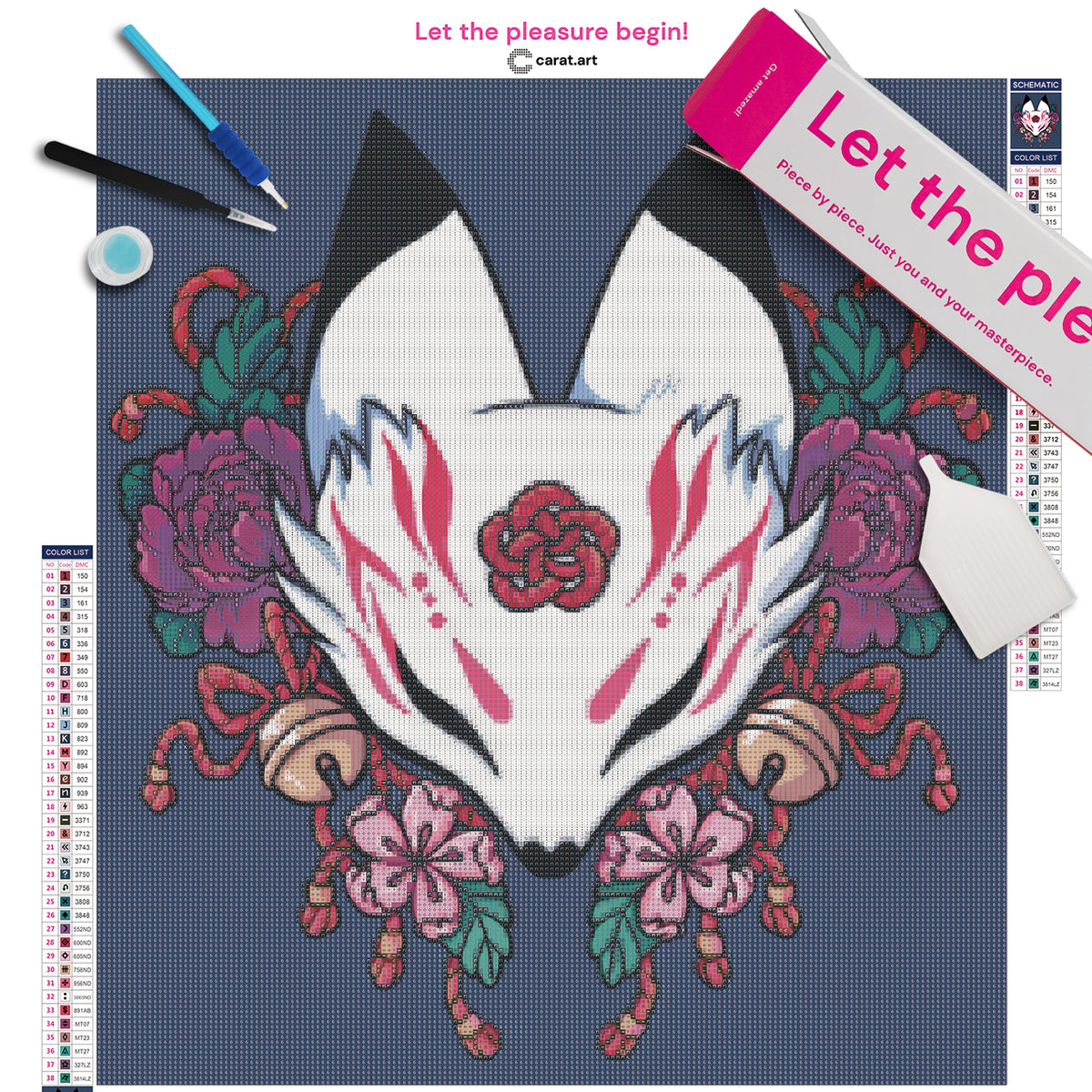 Diamond Painting Set mit Kitsune-Maske und asiatisch inspirierten Blüten-, Blatt- und Glöckchen-Details inklusive Leinwand, ciratart.com Karton und hochwertigem Zubehör