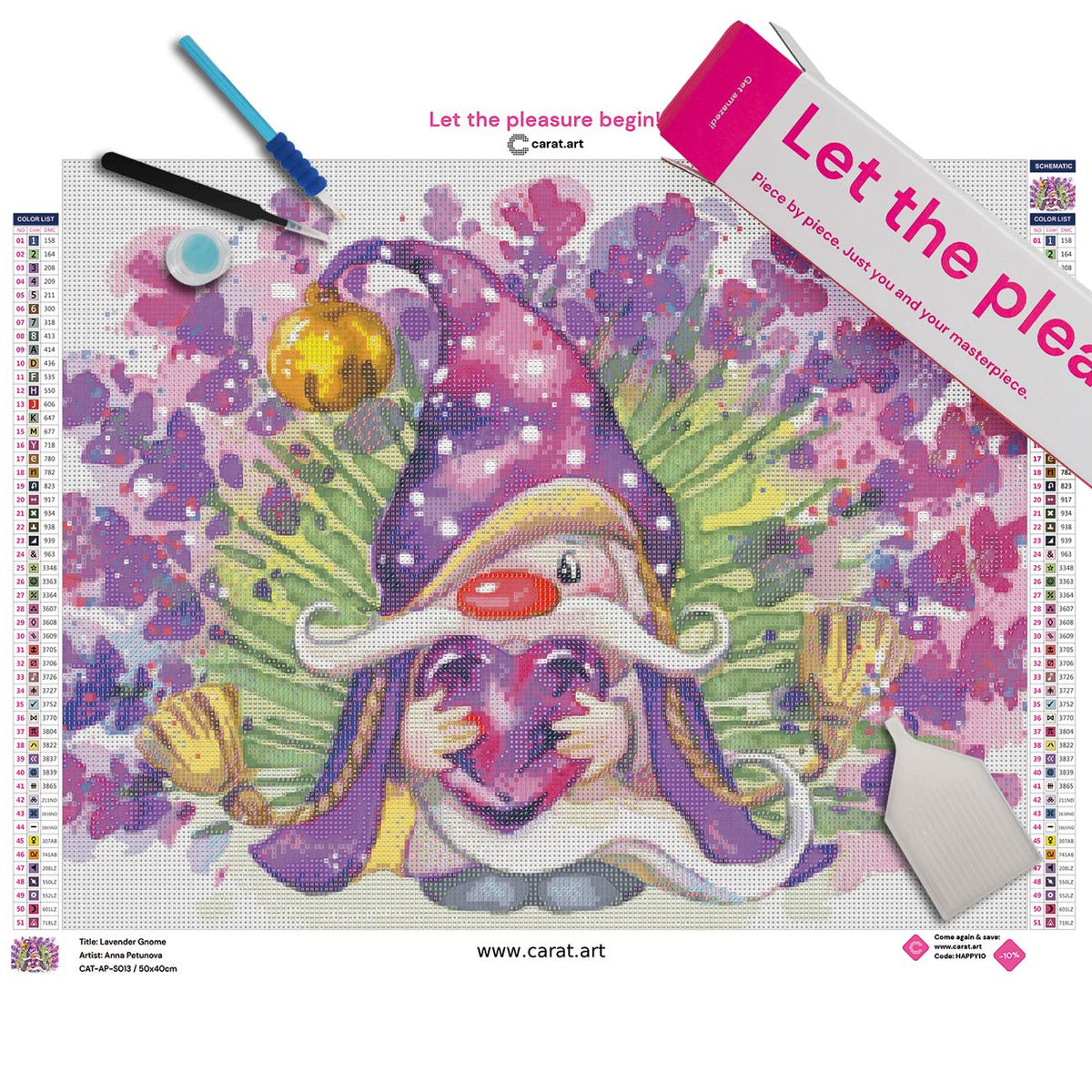 Diamond Painting Set mit Lavendel-Gnom, gepunkteter lila Mütze, Glöckchen und herzförmigem Amethysten inklusive Leinwand, ciratart.com Karton und hochwertigem Zubehör