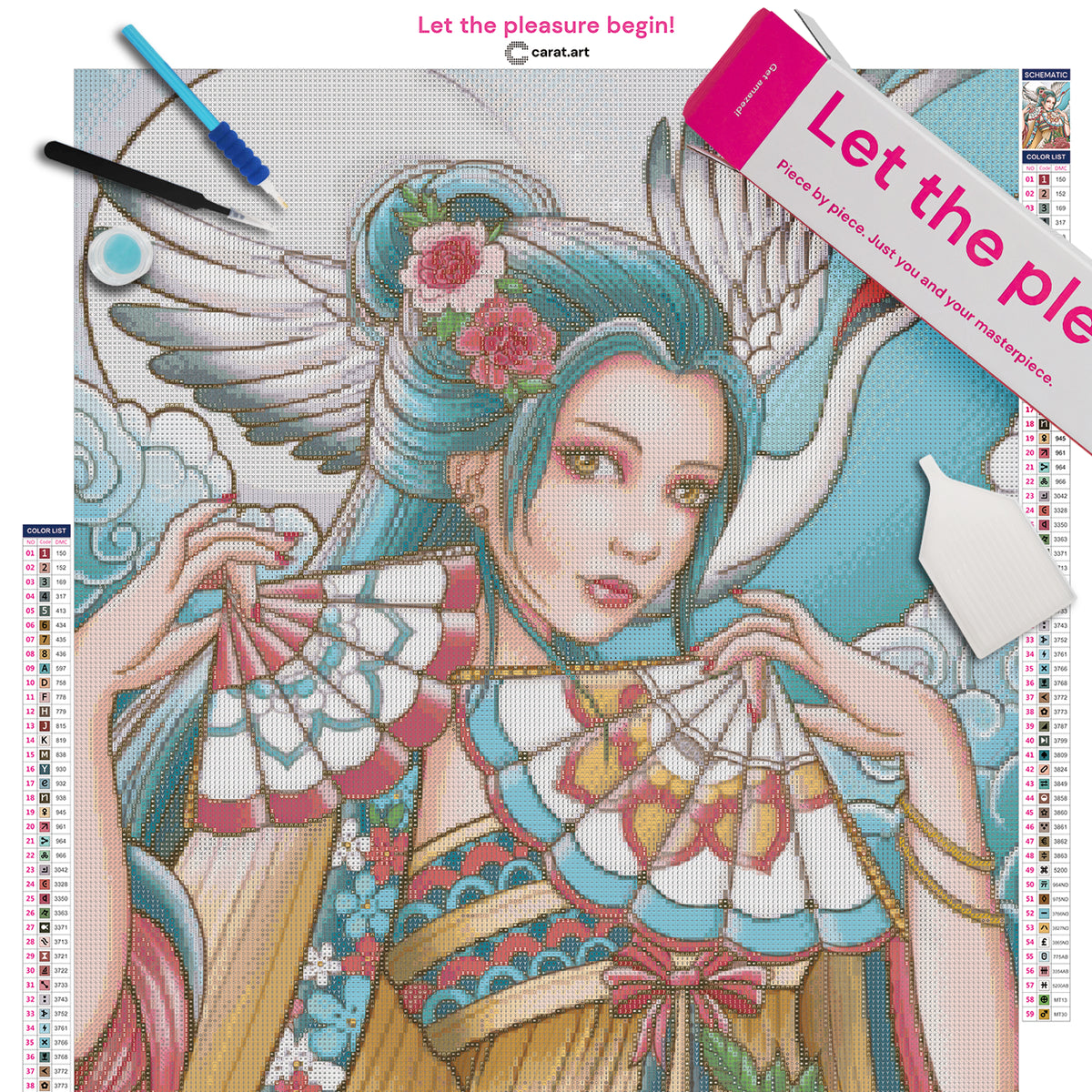 Diamond Painting Set mit asiatischer Schönheit im Kimono, Blumen im Haar und Fächern, begleitet von einem fliegenden Kranich vor einem Vollmond inklusive Leinwand, ciratart.com Karton und hochwertigem Zubehör
