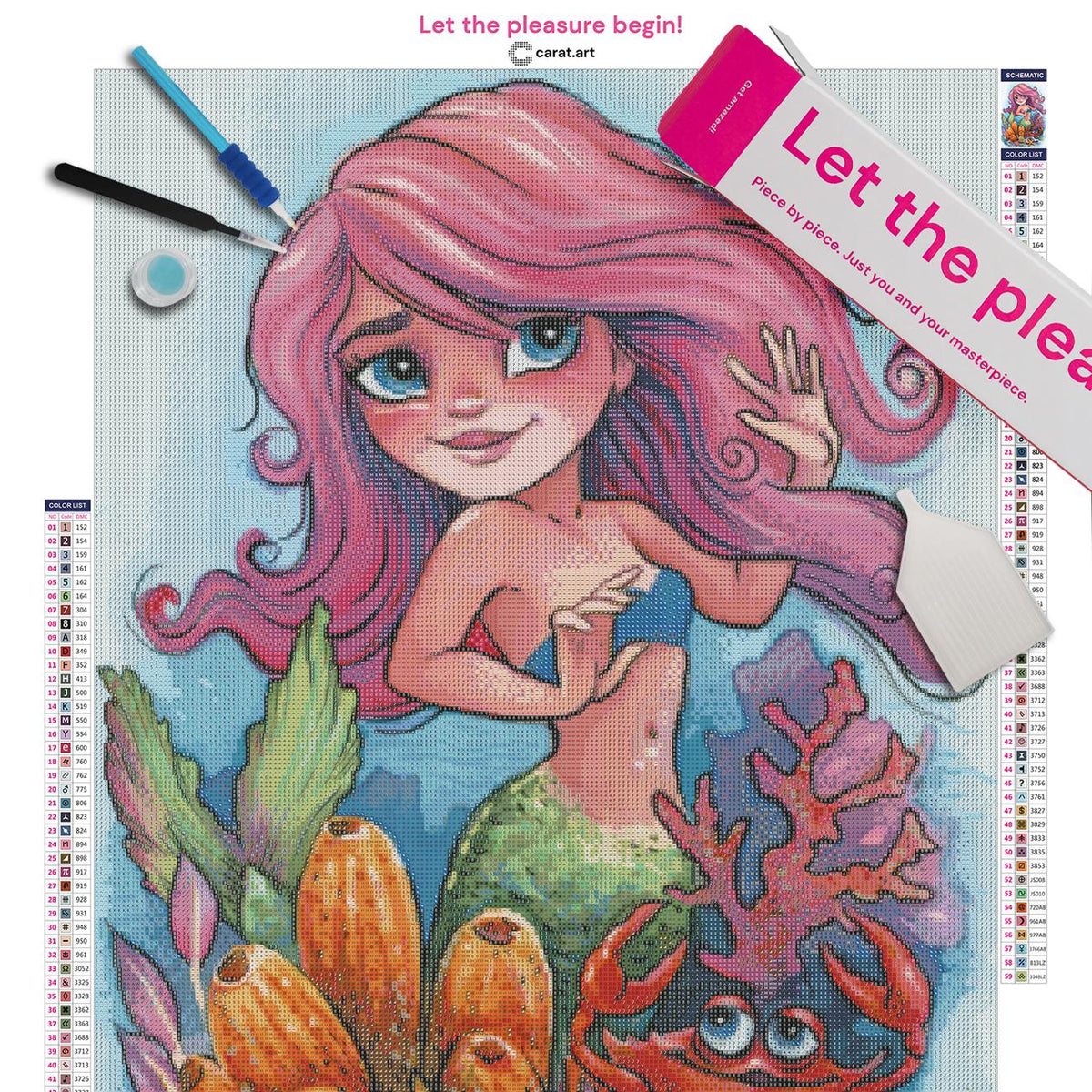 Diamond Painting Set mit kleiner Meerjungfrau, Krabbe und farbenfroher Unterwasserwelt inklusive Leinwand, ciratart.com Karton und hochwertigem Zubehör