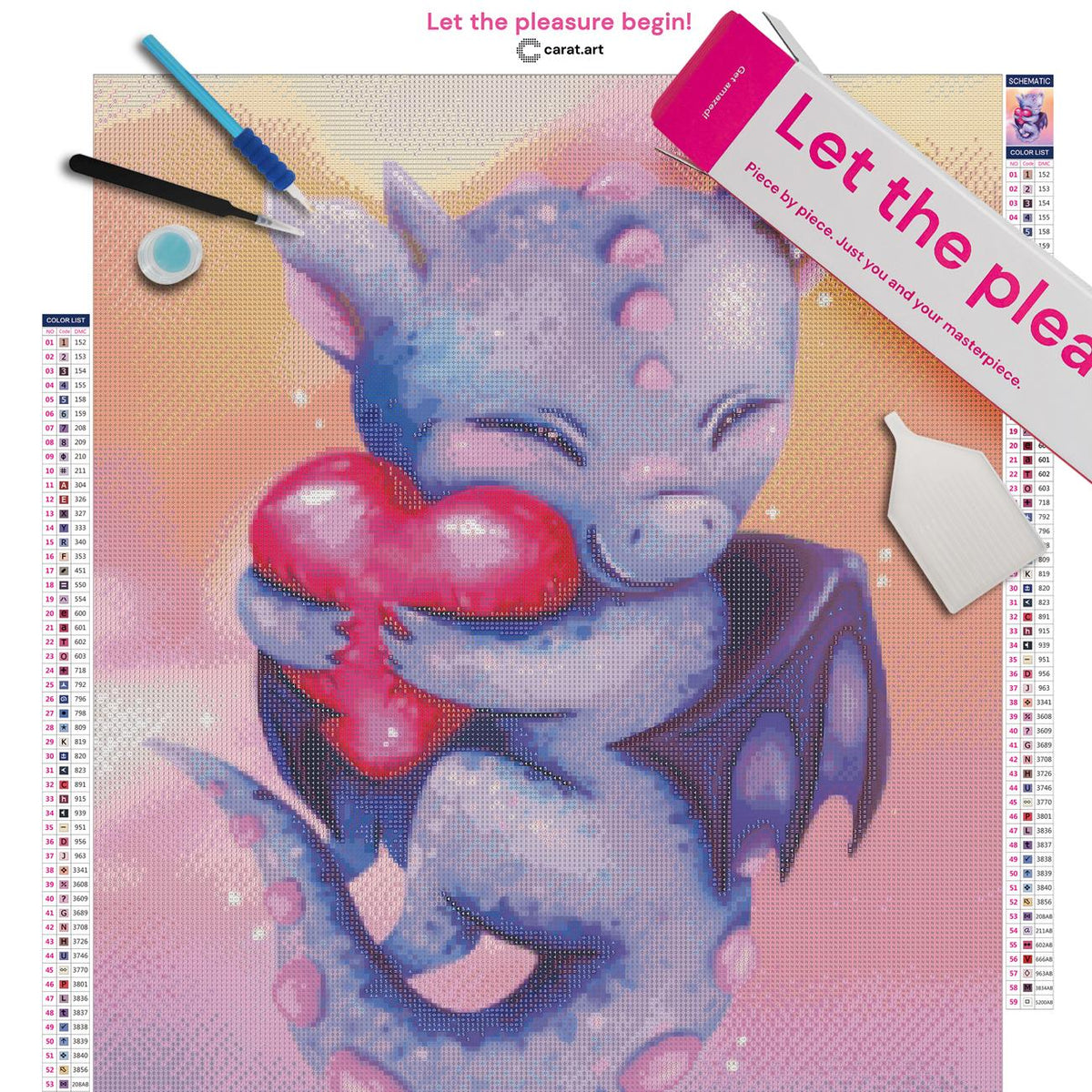Diamond Painting Set mit kleinem lila Drachen mit Flügeln und rotem Herz, das er liebevoll in seinen Armen hält und an sich drückt, inklusive Leinwand, ciratart.com Karton und hochwertigem Zubehör