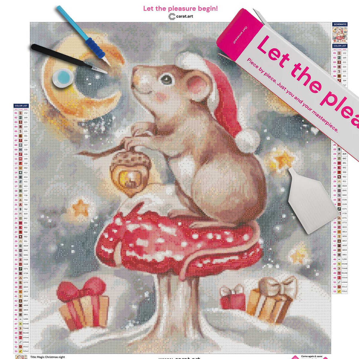 Diamond Painting Set mit kleiner Weihnachtsmaus, Laterne, roter Weihnachtsmütze und Fliegenpilz in winterlicher Nachtkulisse inklusive Leinwand, ciratart.com Karton und hochwertigem Zubehör