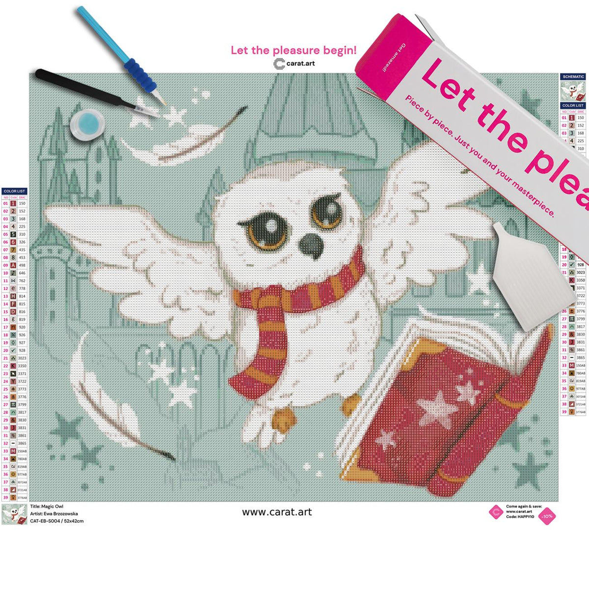 Diamond Painting Komplettset mit weißer Eule, magischem Zauberbuch und Zauberschulmotiv inklusive Leinwand, ciratart.com Karton und hochwertigem Zubehör