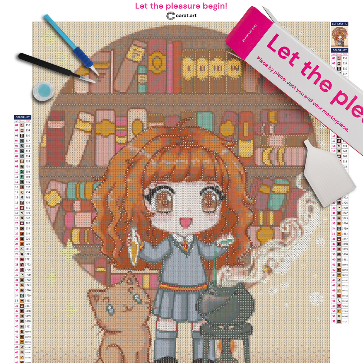 Diamond Painting Komplett-Set mit kleiner Hexenschülerin, Katze, Zauberkessel und Zauberphiolen in einer magischen Bibliothek inklusive Diamond Painting Zubehör und ciratart.com Box