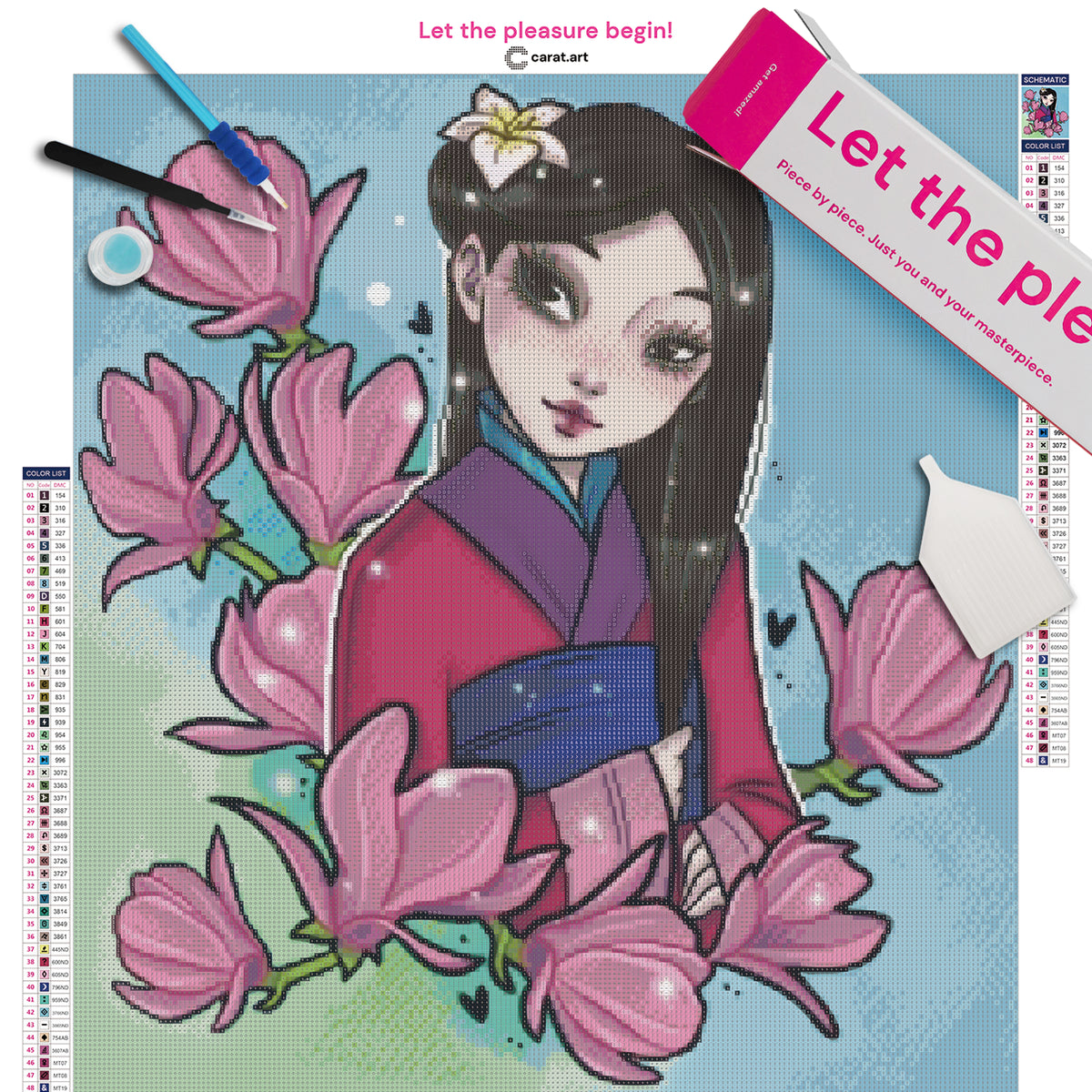 Diamond Painting Set mit Mulan mit dunklen Haaren und dunklen Augen im Kimono, einer Blüte im Haar und Ästen mit zahlreichen Magnolienblüten inklusive Leinwand, ciratart.com Karton und hochwertigem Zubehör