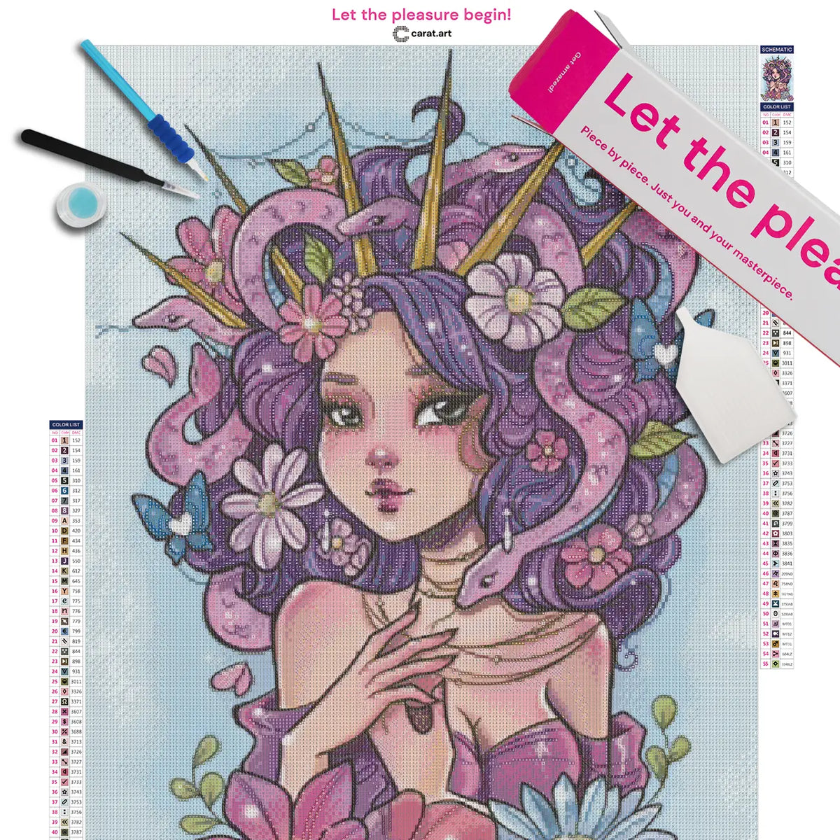 Diamond Painting Set mit Medusa, Schlangen und floralen Elementen auf Leinwand mit ciratart.com Karton und Zubehör