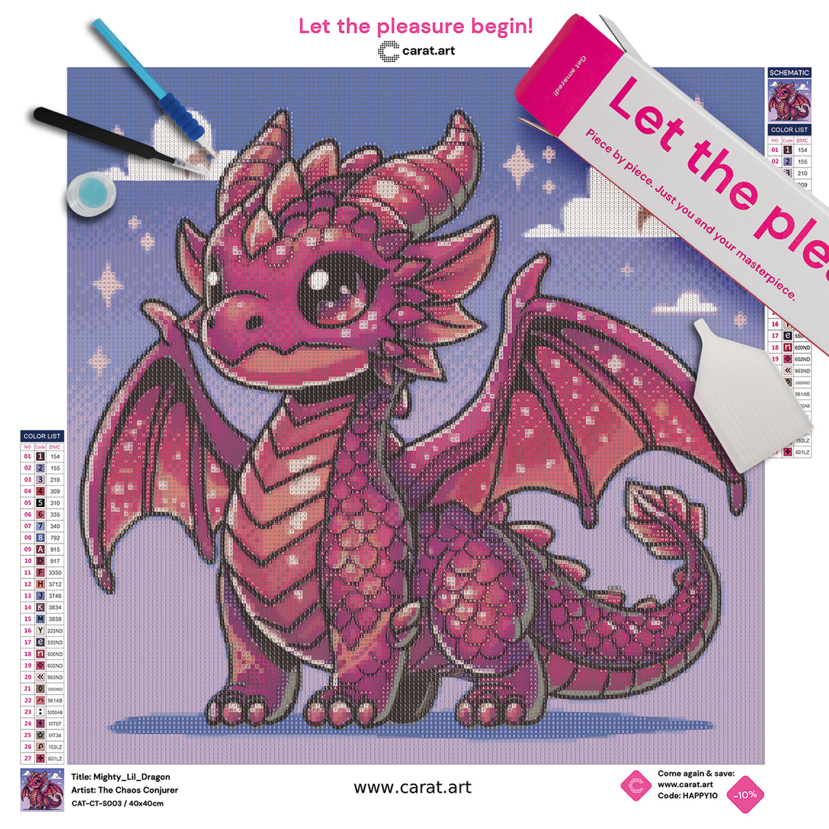 Diamond Painting Set mit kleinem weinrotem Drachen, detaillierten Schuppen, Hörnern und Flügeln vor blauem Himmel mit weißen Wölkchen inklusive Leinwand, ciratart.com Karton und hochwertigem Zubehör