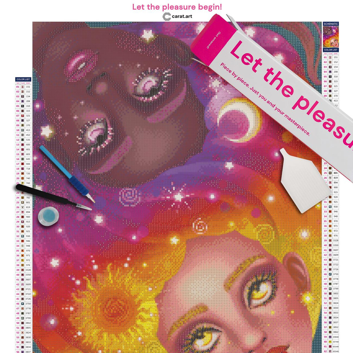 Diamond Painting Set mit Mond- und Sonnensymbol, zwei kontrastreichen Gesichtern und ineinander übergehenden Haaren inklusive Leinwand, ciratart.com Karton und hochwertigem Zubehör