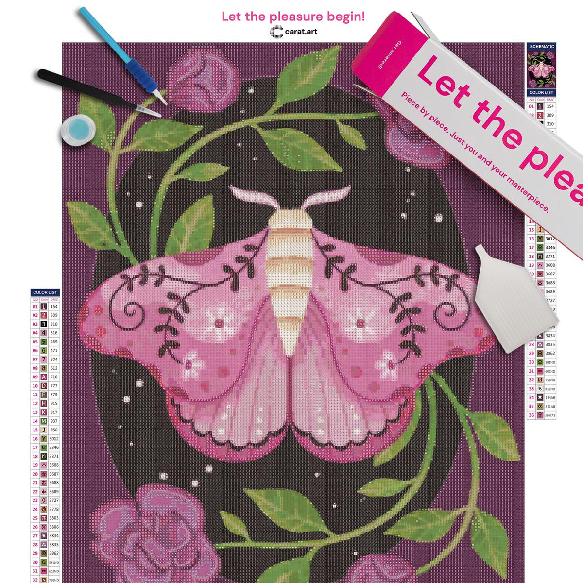Diamond Painting Set mit zartrosa Nachtfalter, Blumen, Blättern und dekorativen Flügelmotiven inklusive Leinwand, ciratart.com Karton und hochwertigem Zubehör