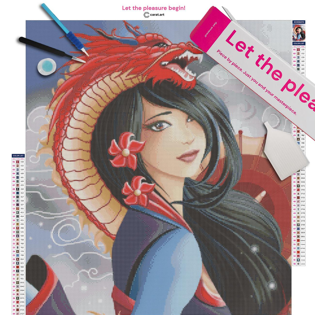Diamond Painting Set mit Mulan Motiv und rotem Drachen inklusive Leinwand, ciratart.com Karton und hochwertigem Zubehör