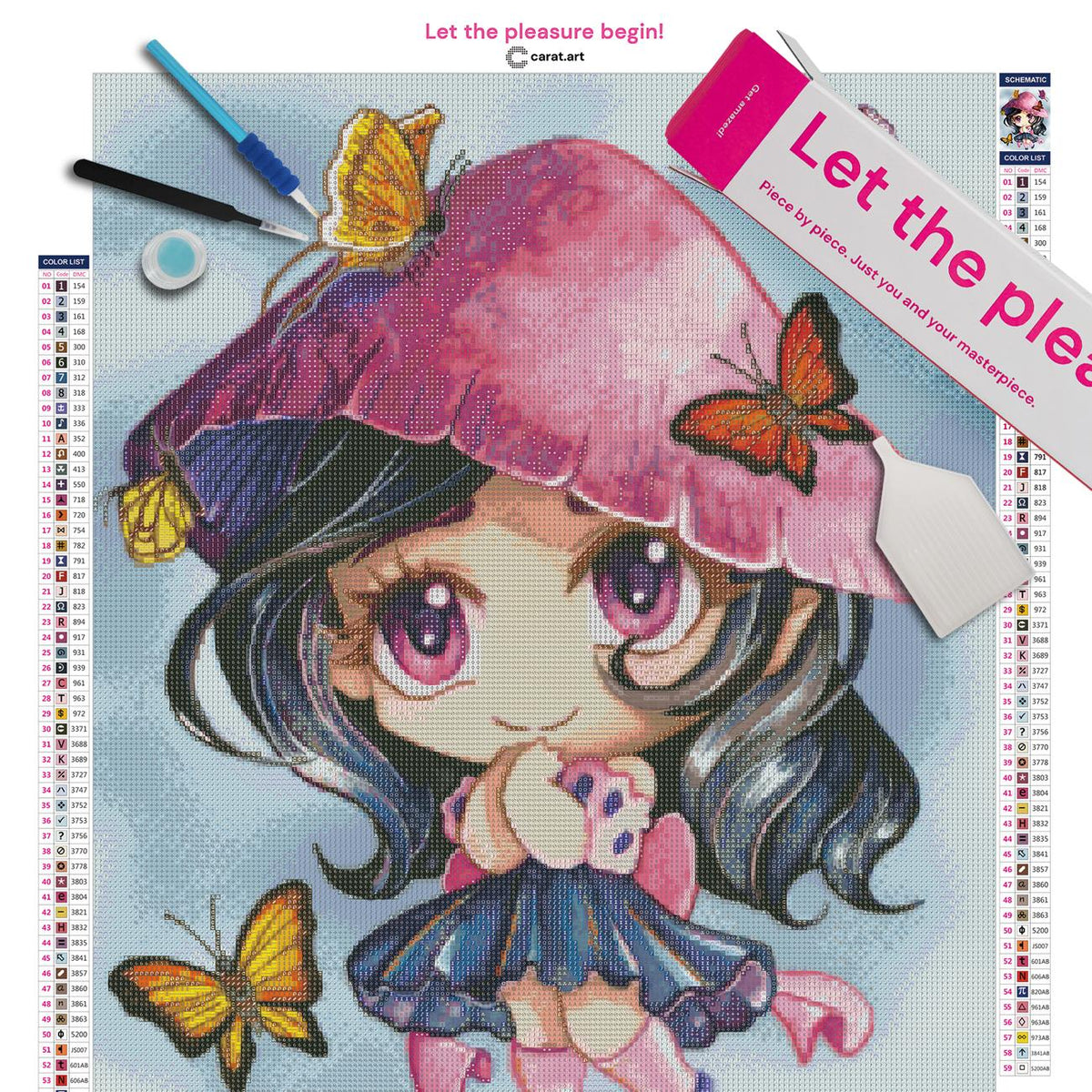 Premium Diamond Painting Set mit kleiner Chibi Figur und Schmetterlingen inklusive Leinwand, ciratart.com Karton und hochwertigem Zubehör