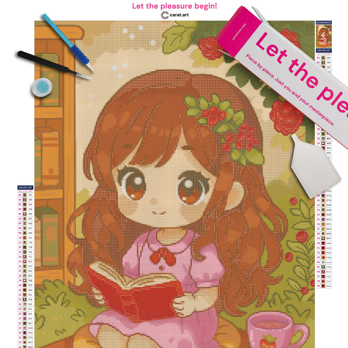 Diamond Painting Set mit lesendem Mädchen im rosa Kleid, Beerenbüschen, Picknickdecke und Tasse Erdbeertee inklusive Leinwand, Diamond Painting Zubehör und ciratart.com Box