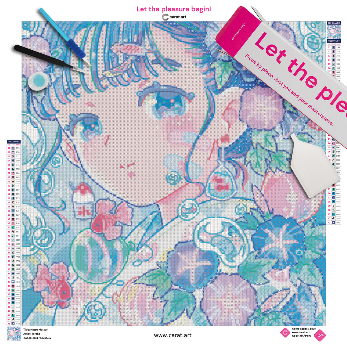 Premium Diamond Painting Set mit Mädchenportrait, farbenfrohen Blüten und Goldfischen im japanisch inspirierten Natsu-Matsuri-Stil inklusive Leinwand, Diamond Painting Zubehör und ciratart.com Box