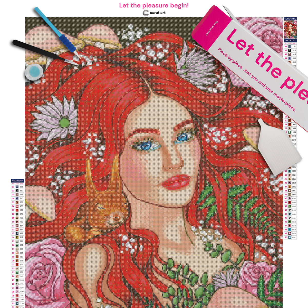 Premium Diamond Painting Set mit rothaarigem Mädchen, Blumen, Pilzen, blauem Schmetterling und kleinem Eichhörnchen im verwunschenen Wald inklusive Leinwand, Diamond Painting Zubehör und ciratart.com Box